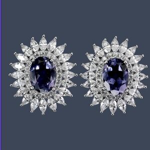 925 Sterling Silver Earrings with Oval Natural Iolite 7x5mm Gem & Cz